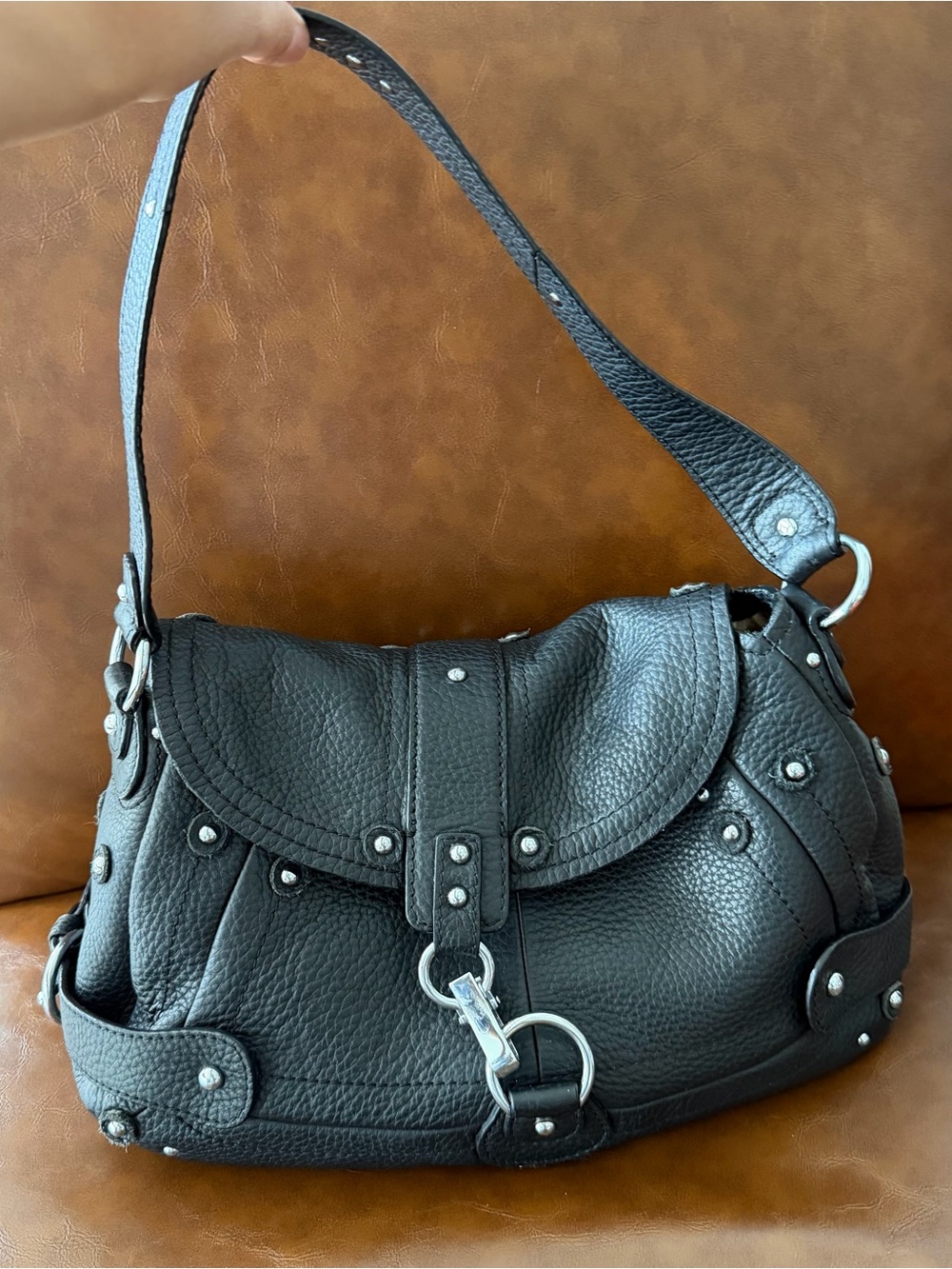 Moonsus Black Pebbled Leather Studded Shoulder Bag Flap Closure Lobster Clasp
